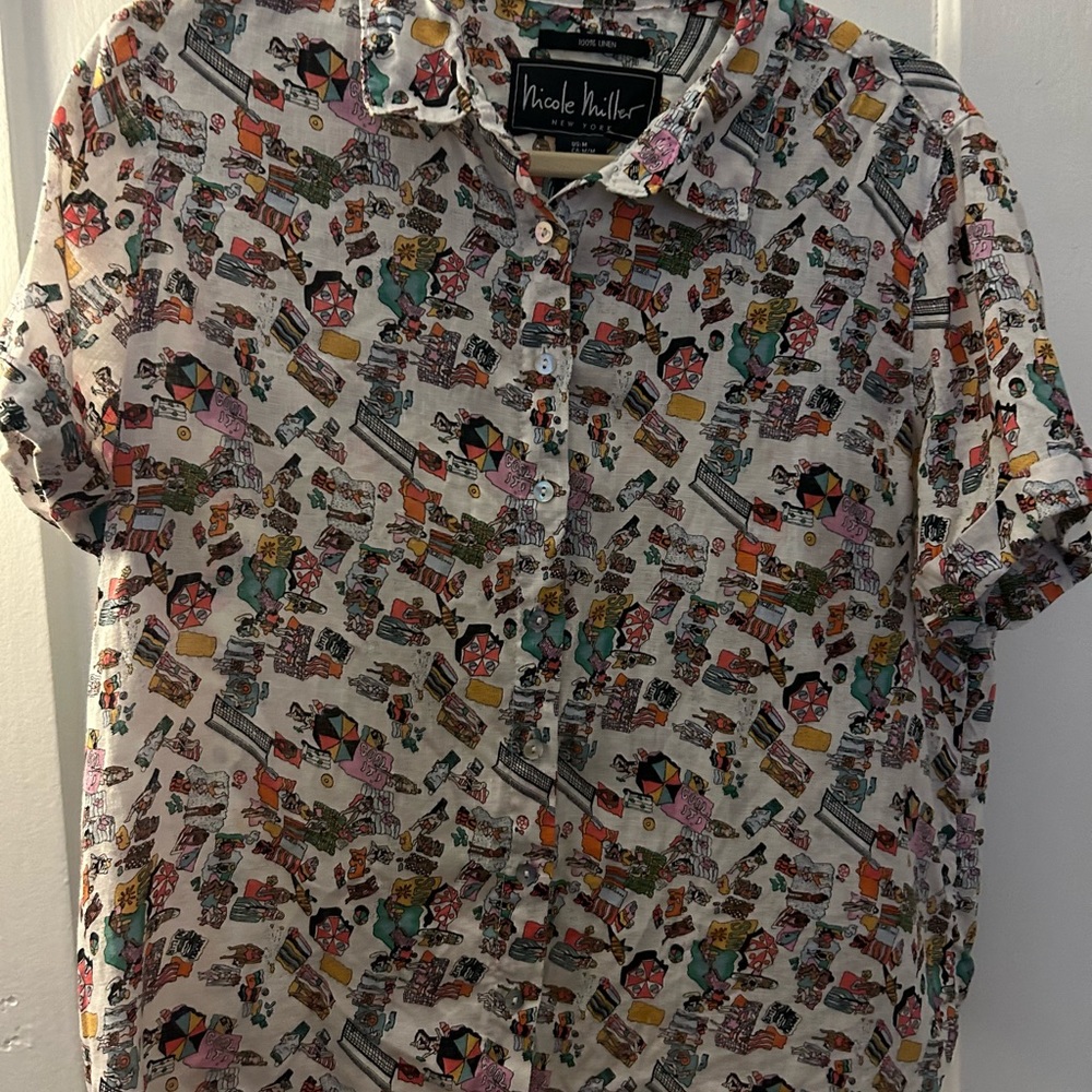 Nicole Miller, M, 100% linen, short sleeve , beach blanket bingo, button up COOL